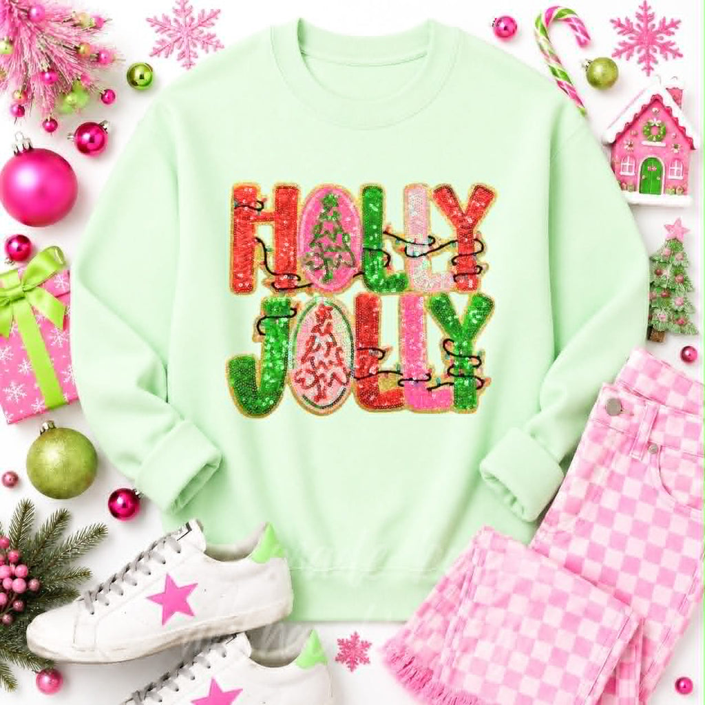 Holly Jolly Lights Christmas Sequin Patch Sweatshirt