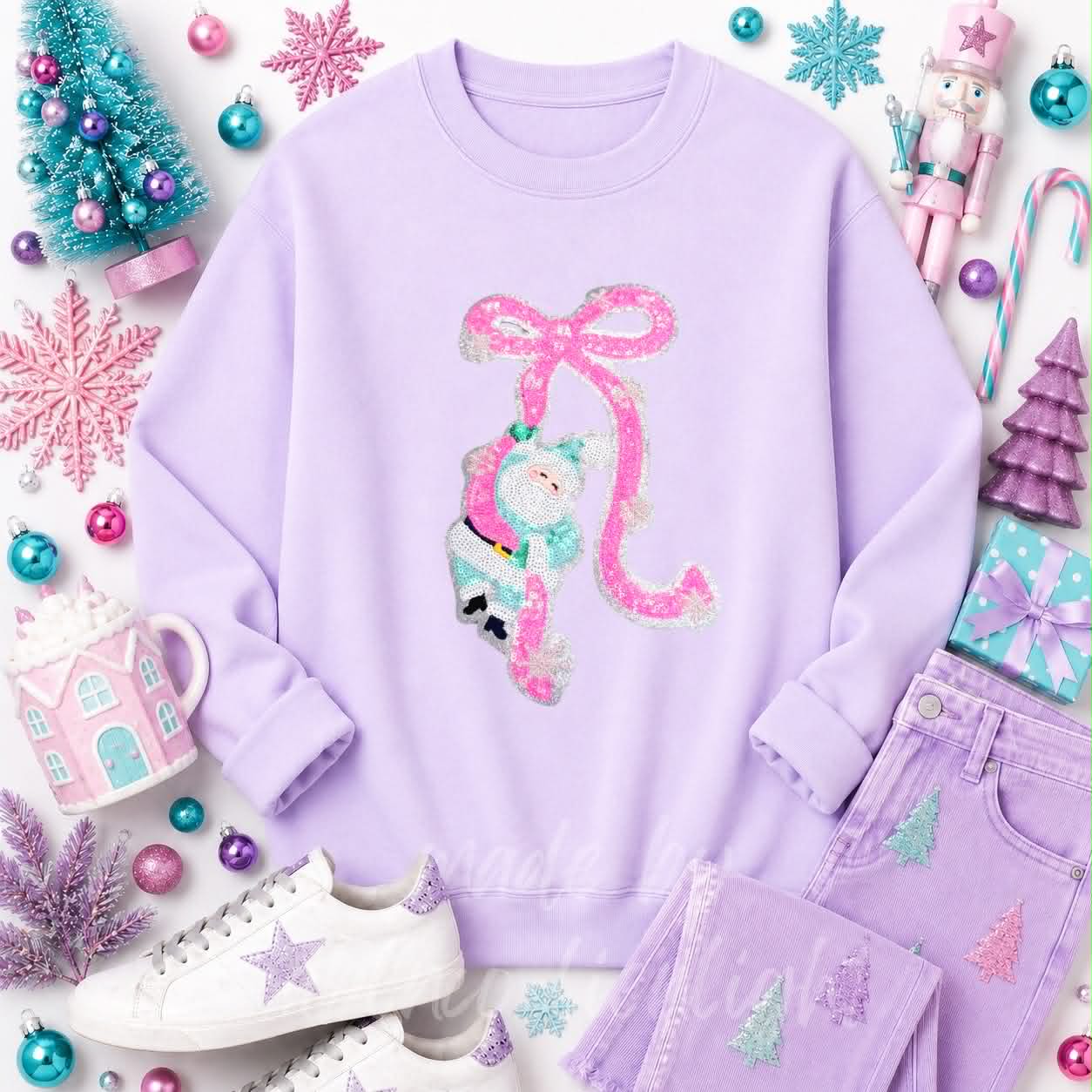 Pink Santa Bow Christmas Sequin Patch Sweatshirt