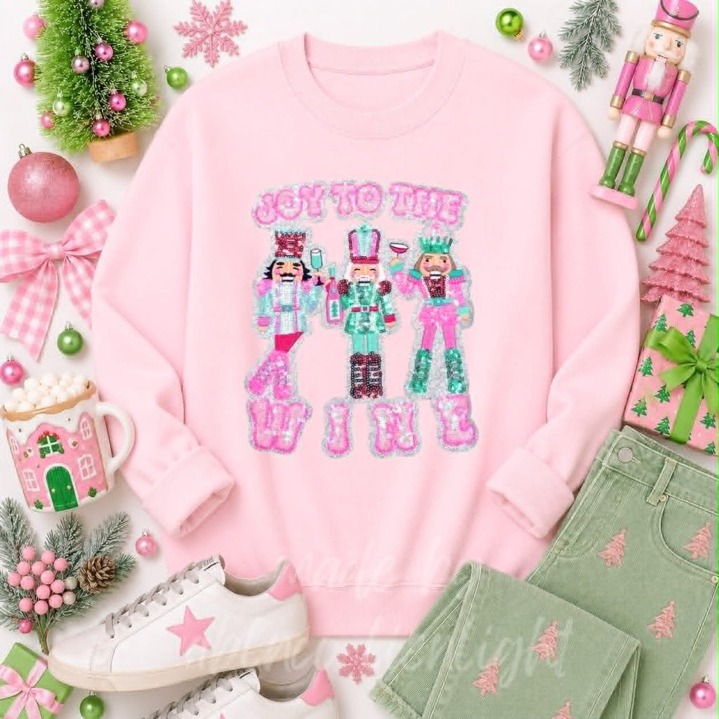 Joy to the Wine Nutcracker Christmas Sequin Patch Sweatshirt