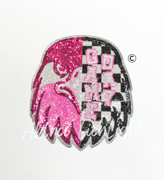 Preppy Pink Checkered Eagle Mascot Game Day Sequin Patch