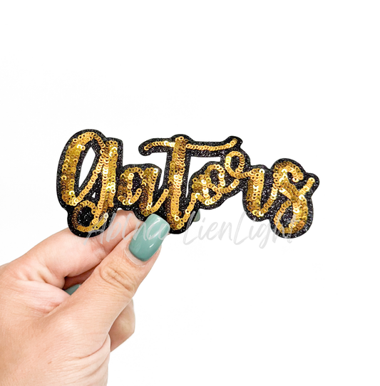Gold Gators Mascot Script Letter Sequin Patch - Small