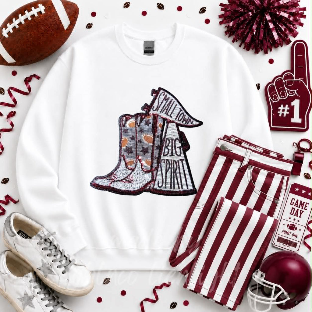 Maroon Small Town Big Spirit Football Sequin Patch Sweatshirt