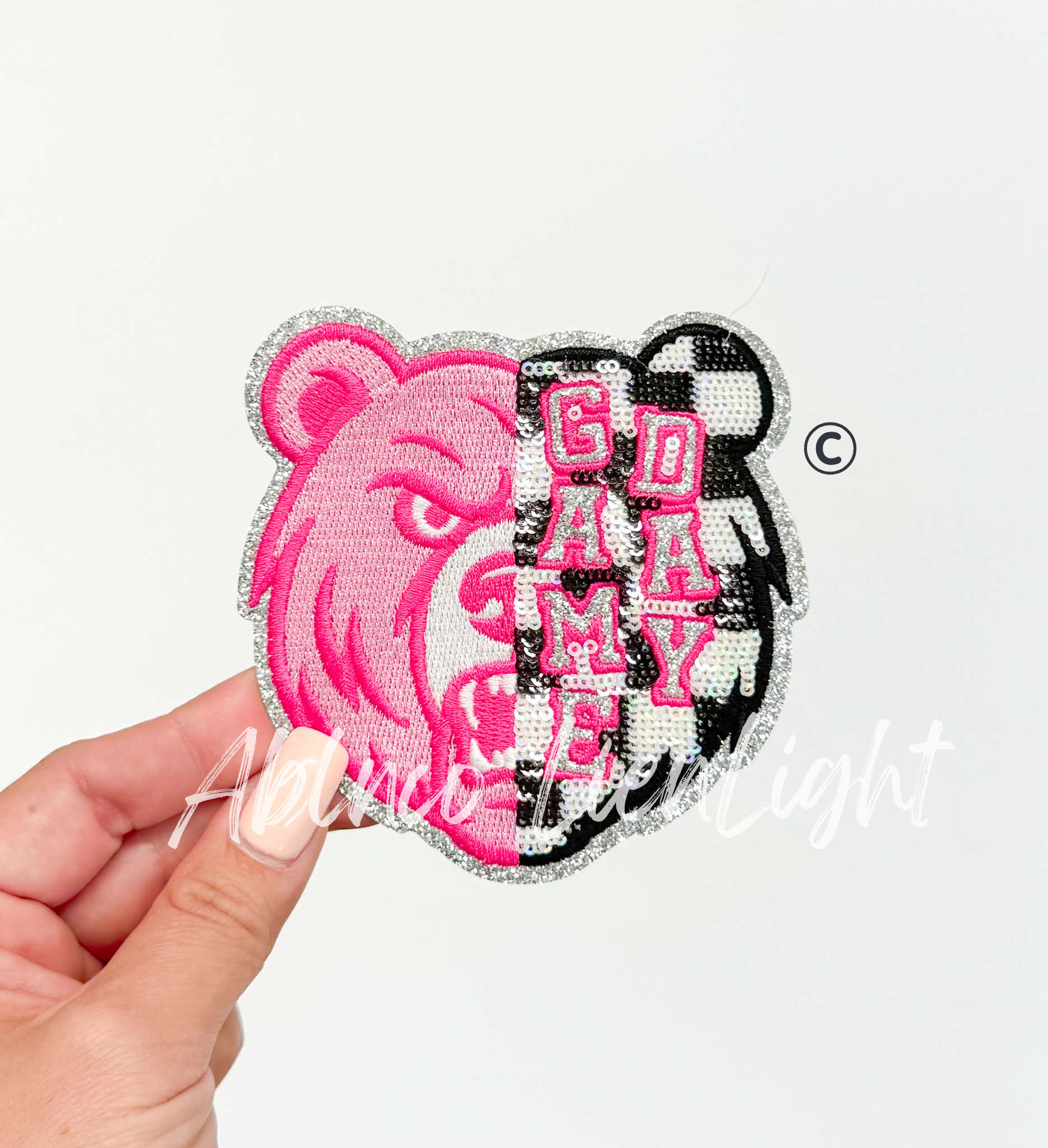 Bear Mascot Pink Checkered Sequin Patch - Small