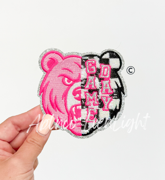 Preppy Pink Checkered Bear Mascot Game Day Sequin Patch - Small
