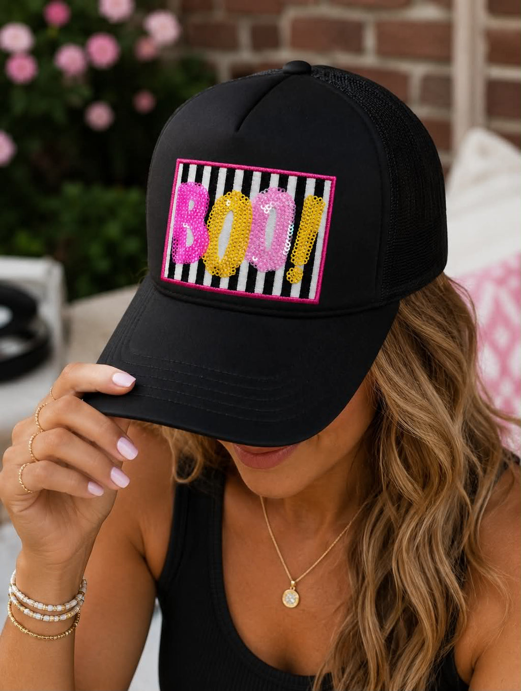 Colorful Boo Halloween Sequin Patch Otto Trucker Hat