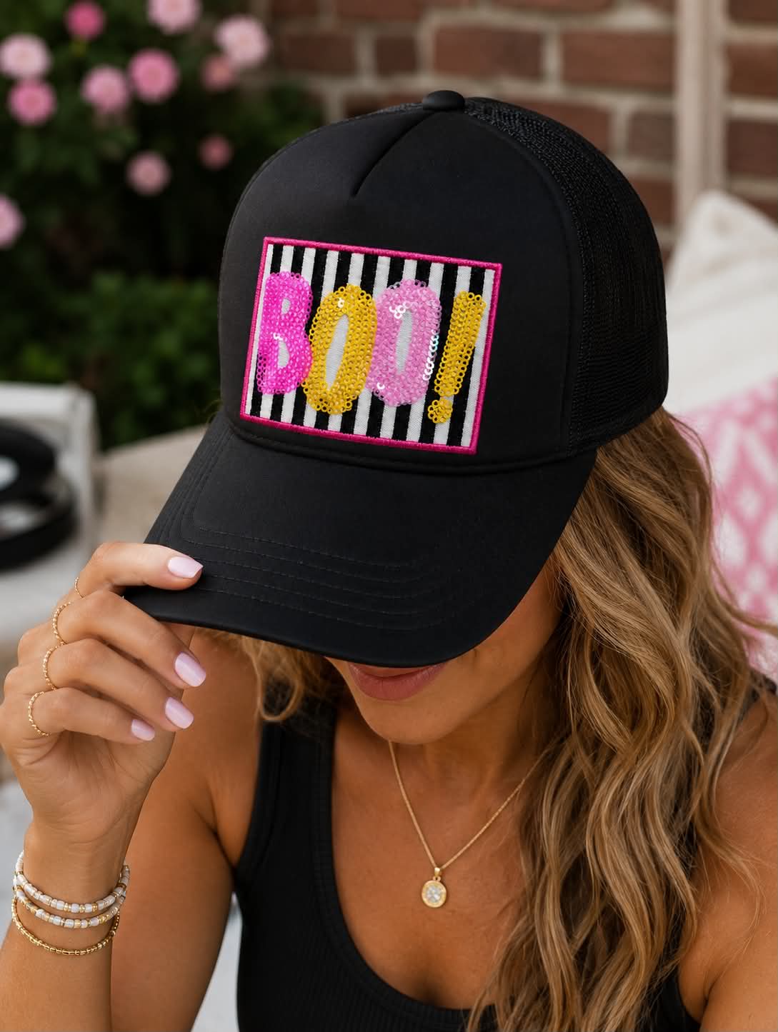 Colorful Boo Halloween Sequin Patch Otto Trucker Hat