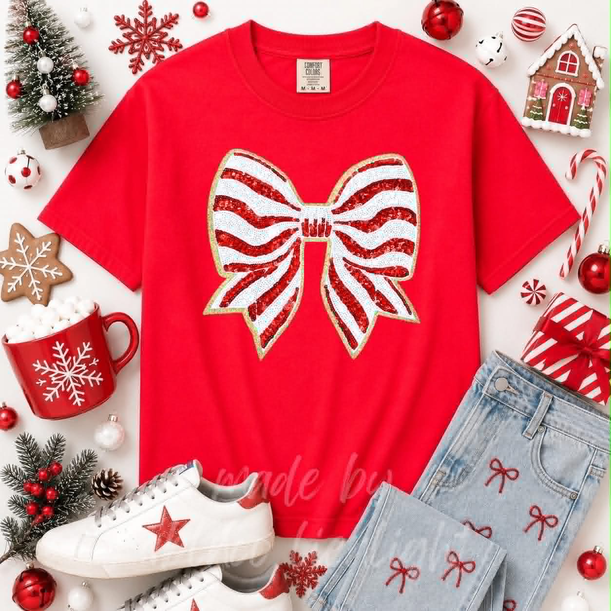 Red Striped Bow Christmas Sequin Patch Tshirt