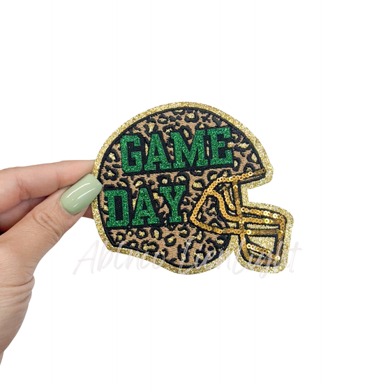 Green Game Day Cheetah Football Helmet Glitter Sequin Patch