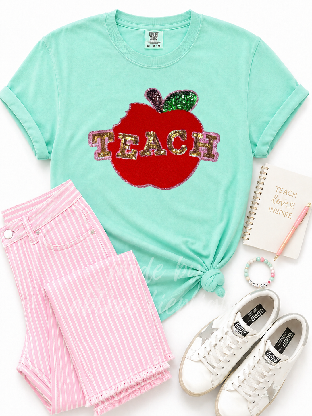 Teach Apple Teacher Chenille Sequin Patch Tshirt