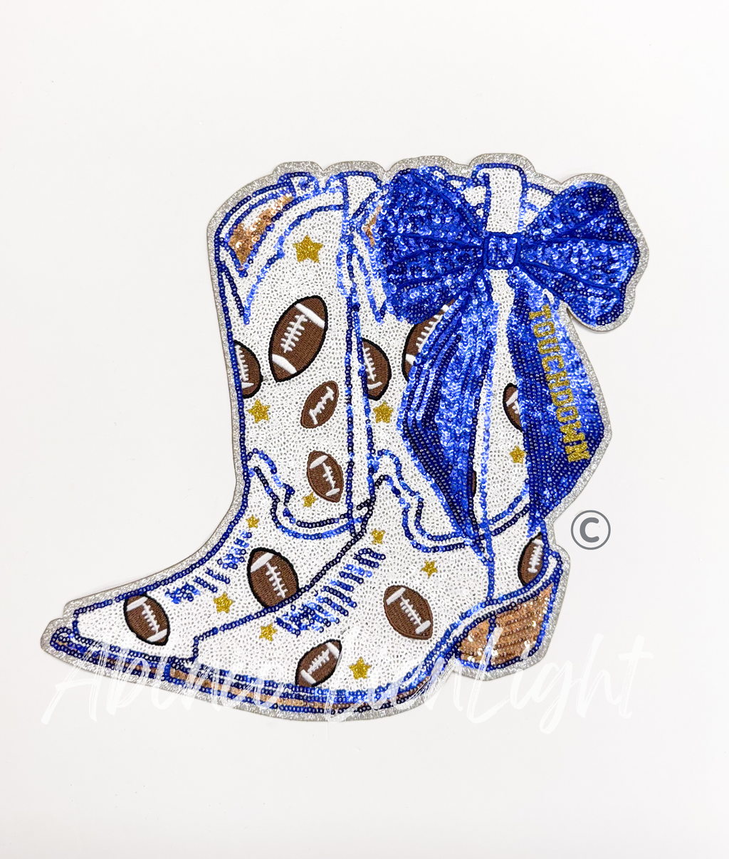 Royal Blue Bow Boot Touchdown Football Sequin Patch - Large