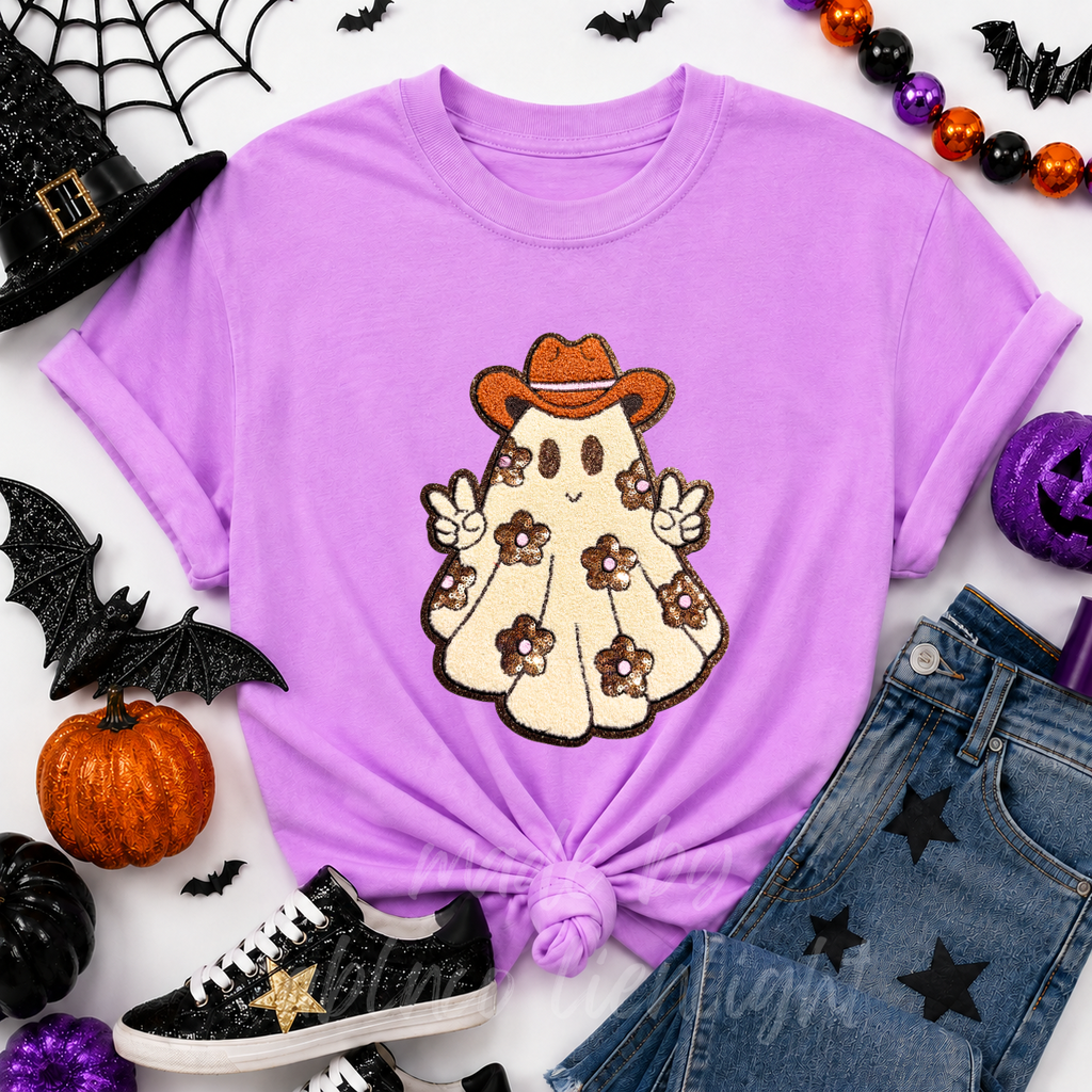 Floral Ghost Halloween Sequin Patch Tshirt