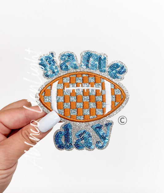 Light Blue Checkered Football Game Day Sequin Patch