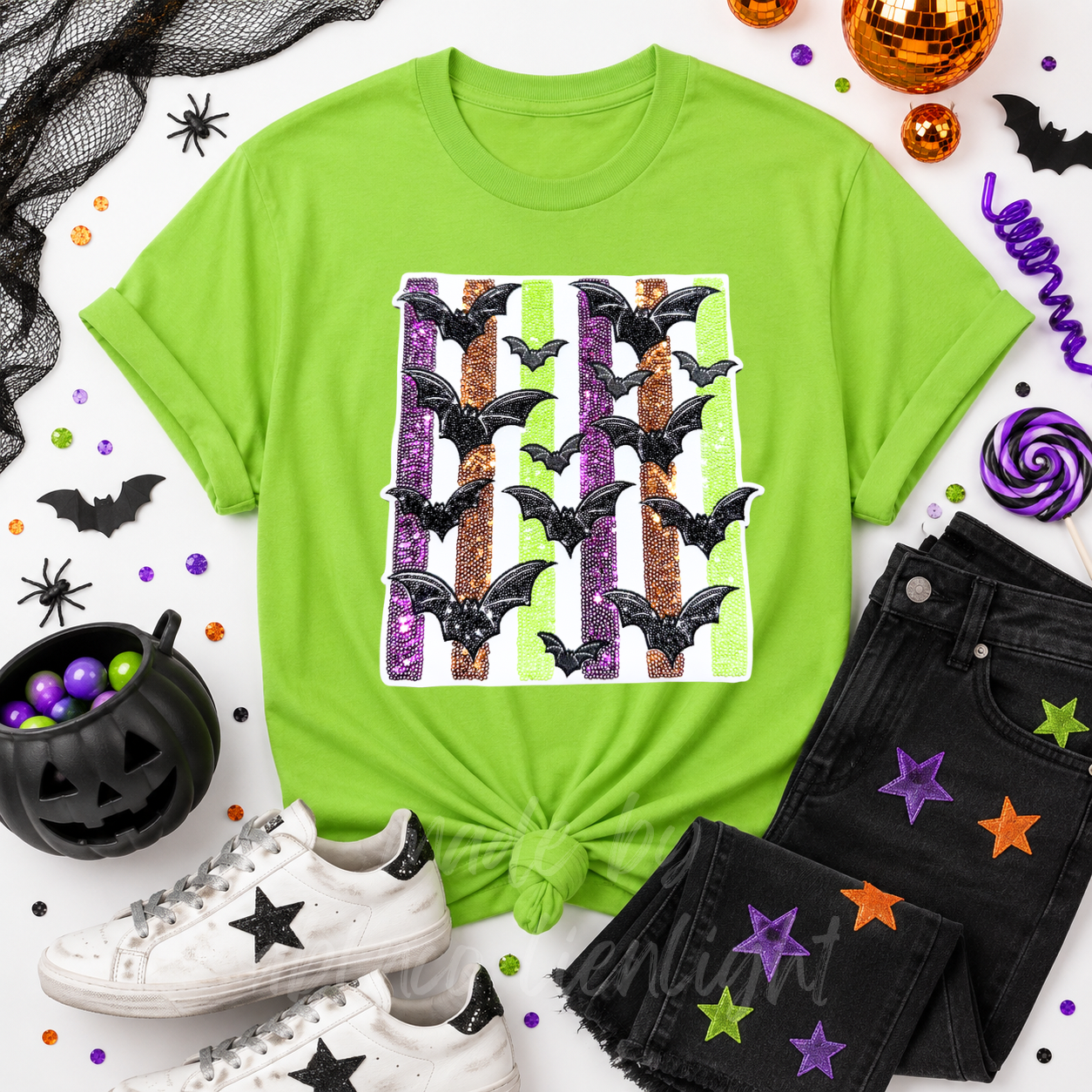 Colorful Striped Bats Halloween Sequin Patch Tshirt