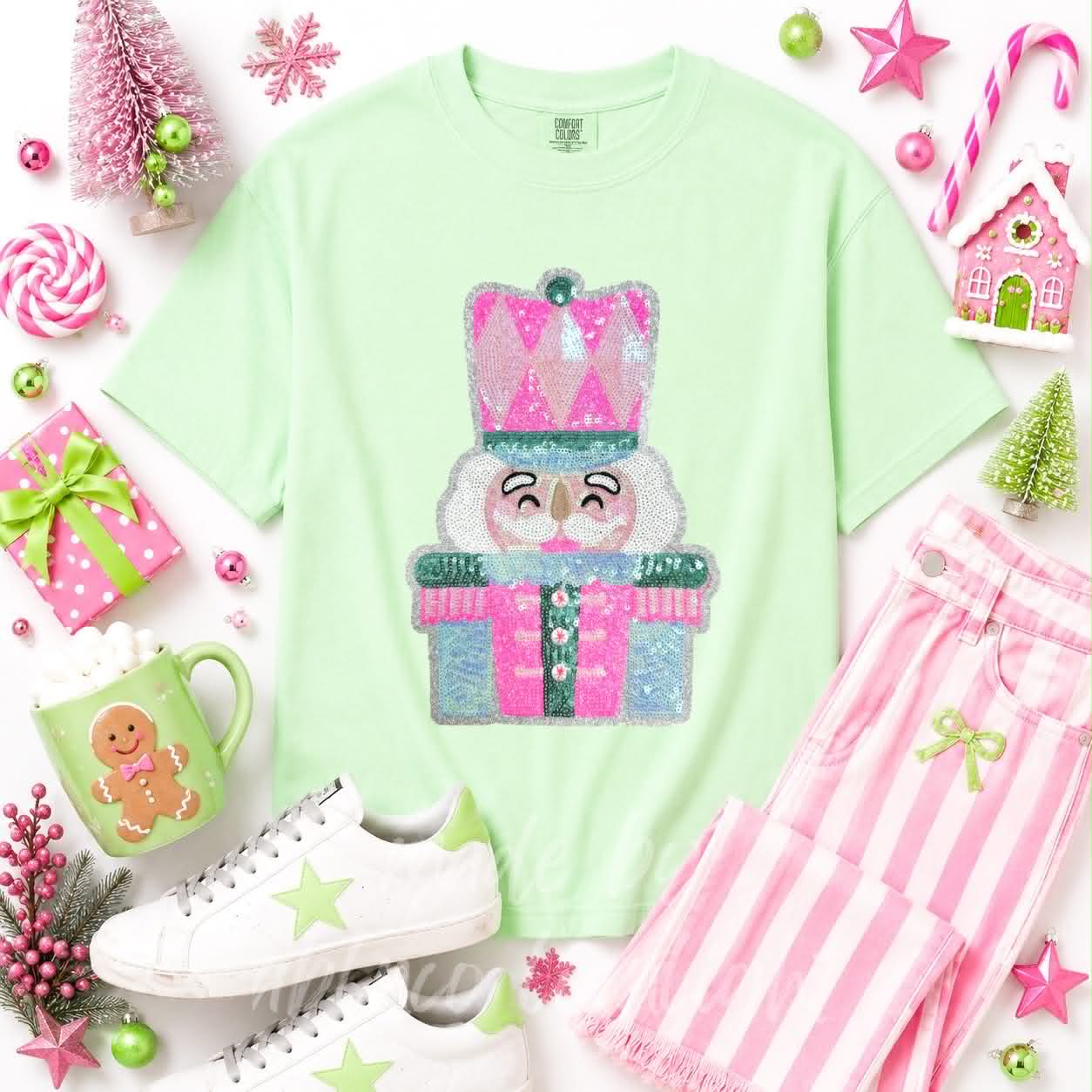 Pink & Mint Nutcracker Christmas Sequin Patch Tshirt