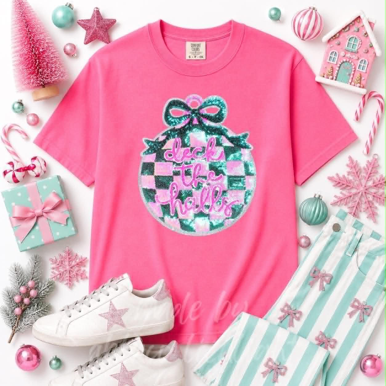 Deck the Halls Ornament Christmas Sequin Patch Tshirt