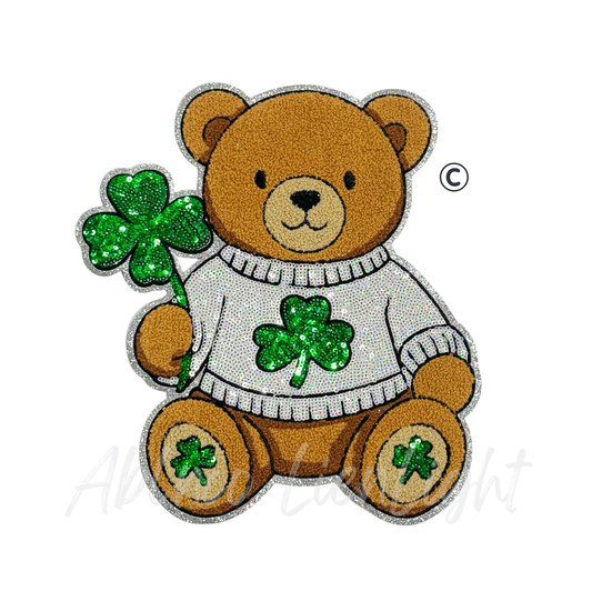 Clover Teddy Bear St Patricks Day Sequin Chenille Patch - Large