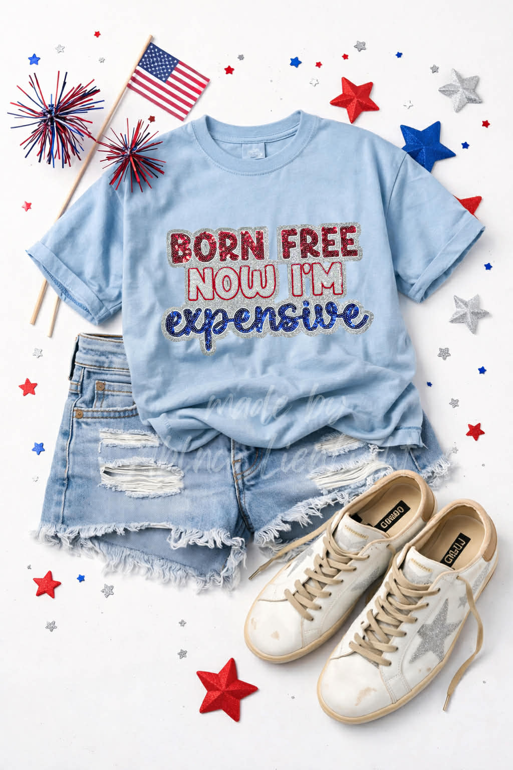 Born Free Now I'm Expensive 4th of July Sequin Patch Tshirt