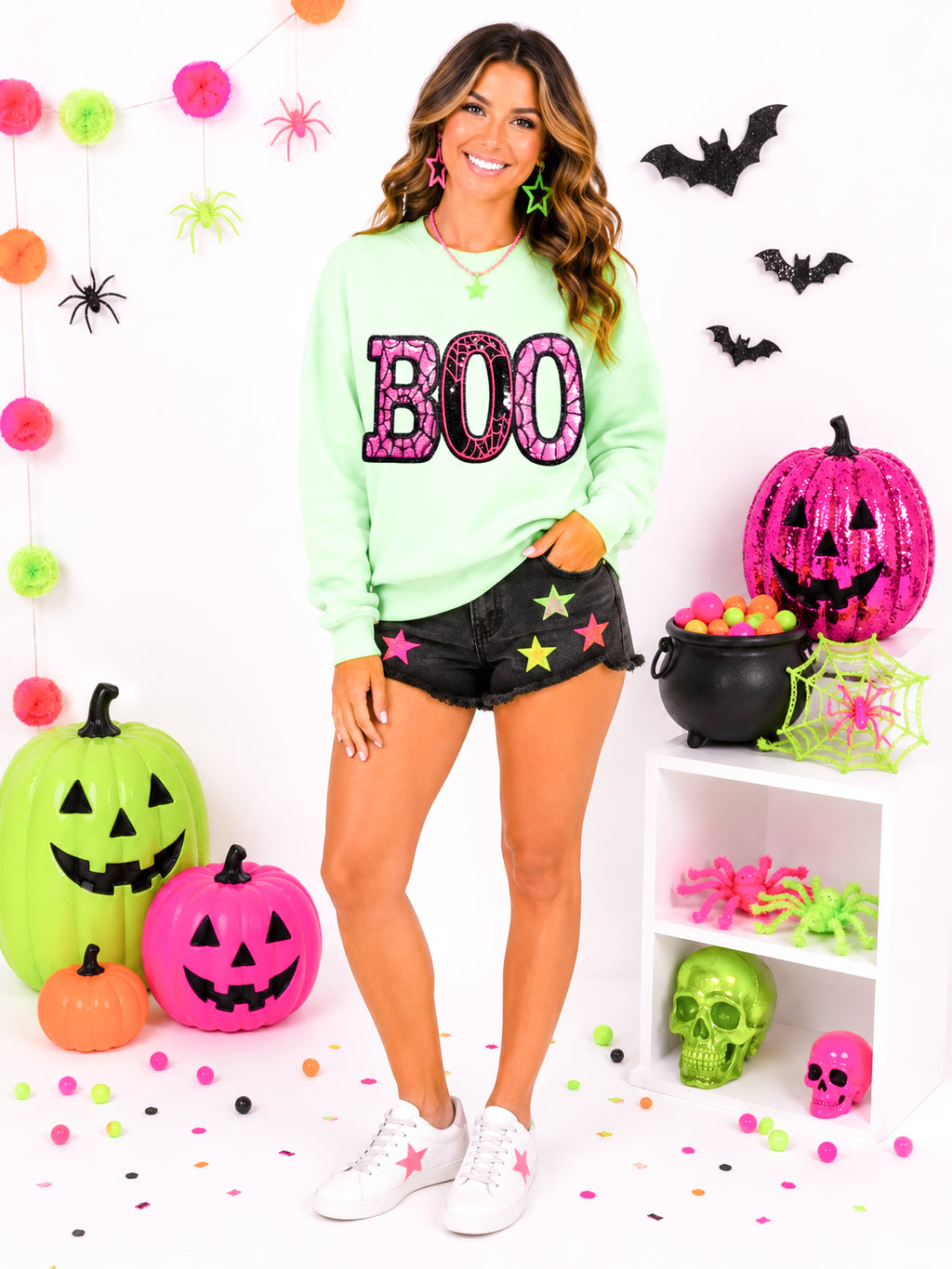 Pink Spider Web Boo Halloween Sequin Patch Sweatshirt