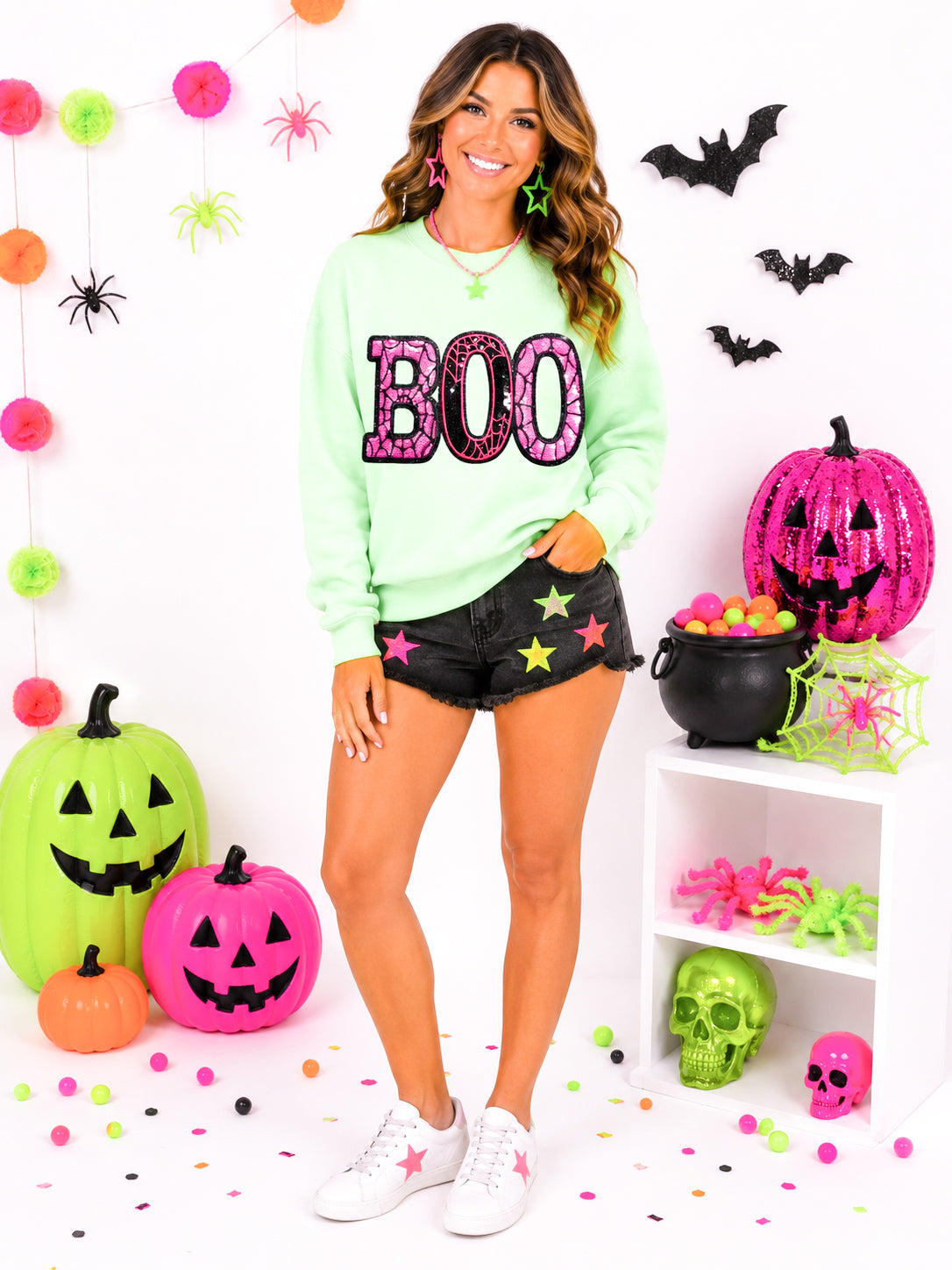 Pink Spider Web Boo Halloween Sequin Patch Sweatshirt