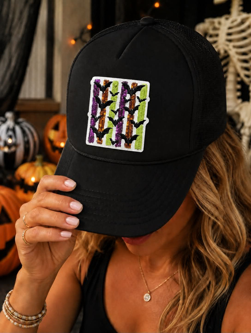 Colorful Striped Bats Halloween Sequin Patch Otto Trucker Hat