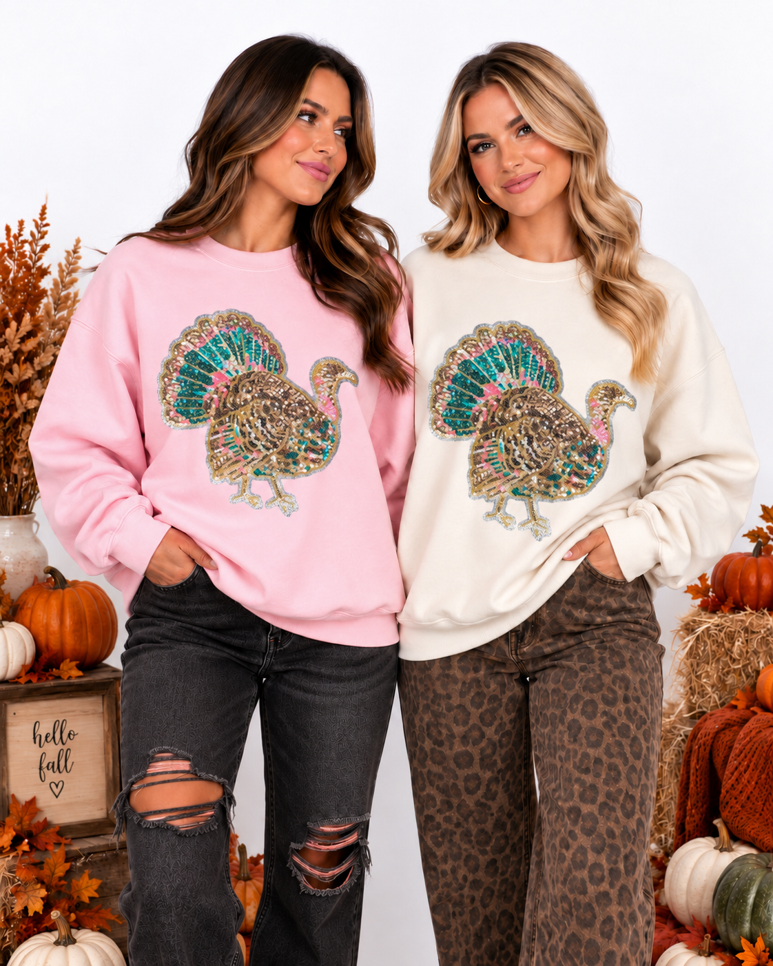 Colorful Turkey Thanksgiving Fall Sequin Patch Full Length Sweatshirt