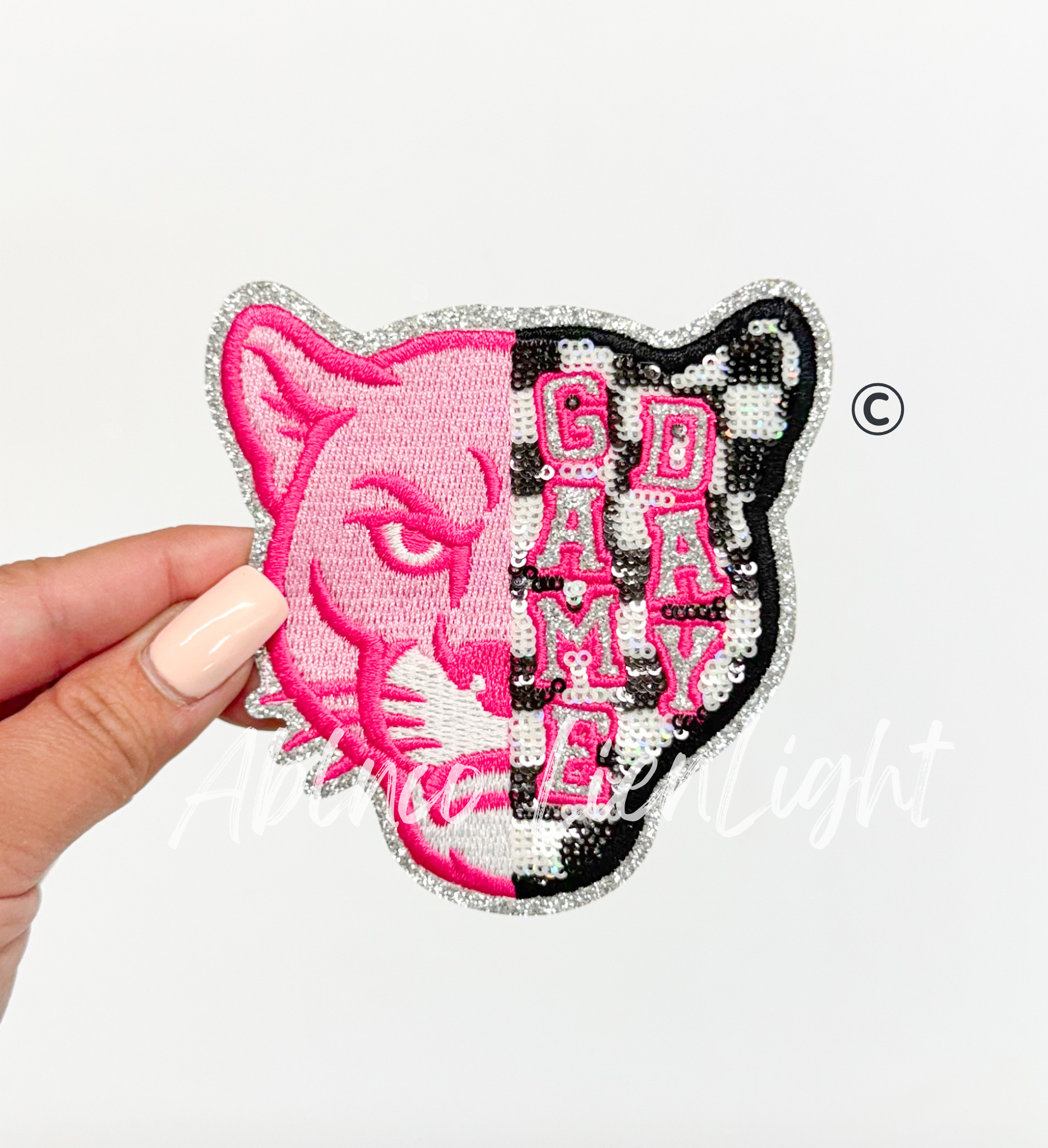 Cougar Panther Mascot Pink Checkered Sequin Patch - Small