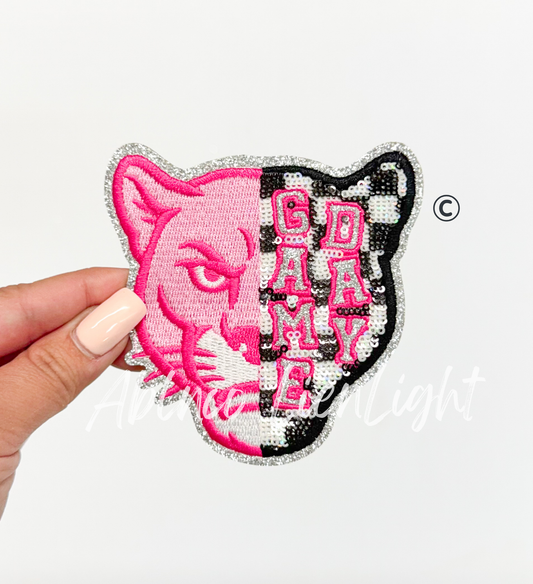 Preppy Pink Checkered Cougar Panther Mascot Game Day Sequin Patch - Small
