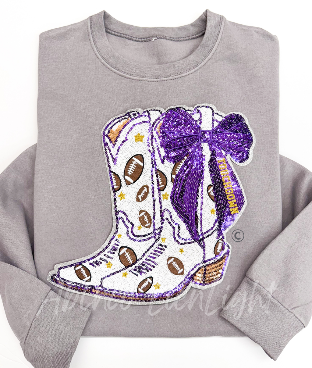 Purple Bow Boot Touchdown Football Sequin Patch - Large
