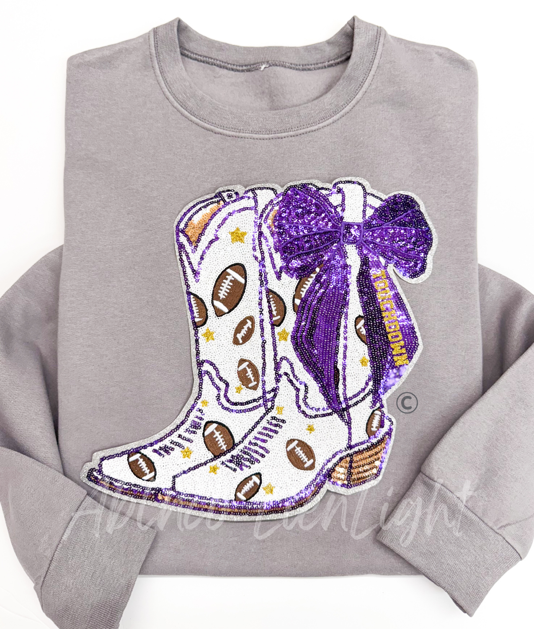Purple Bow Boot Touchdown Football Sequin Patch - Large