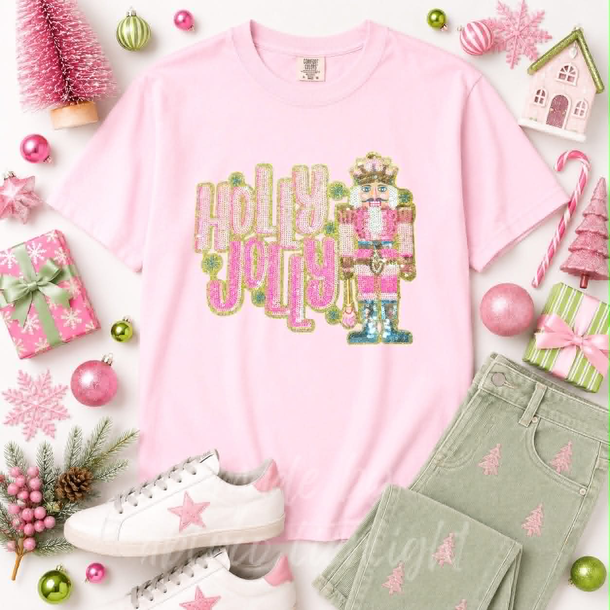 Holly Jolly Nutcracker Christmas Sequin Patch Tshirt