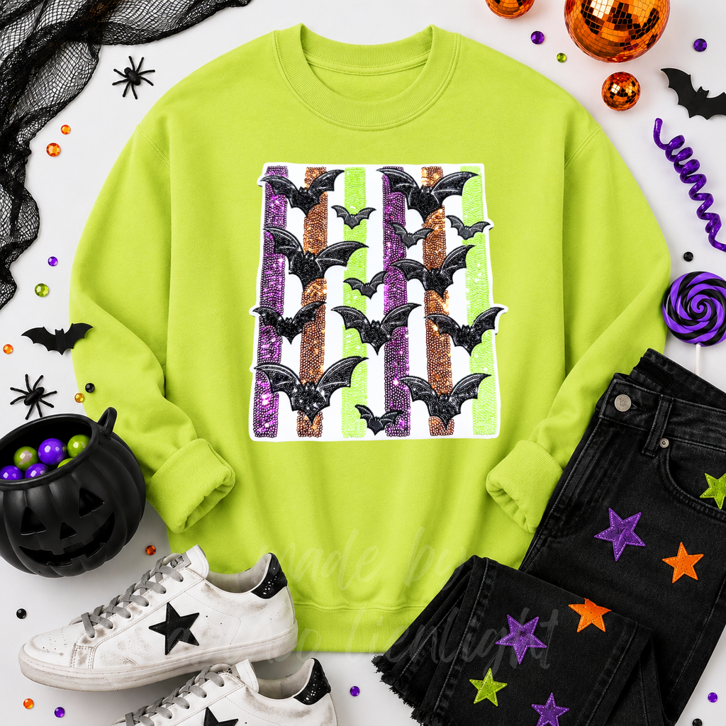 Colorful Striped Bats Halloween Sequin Patch Sweatshirt