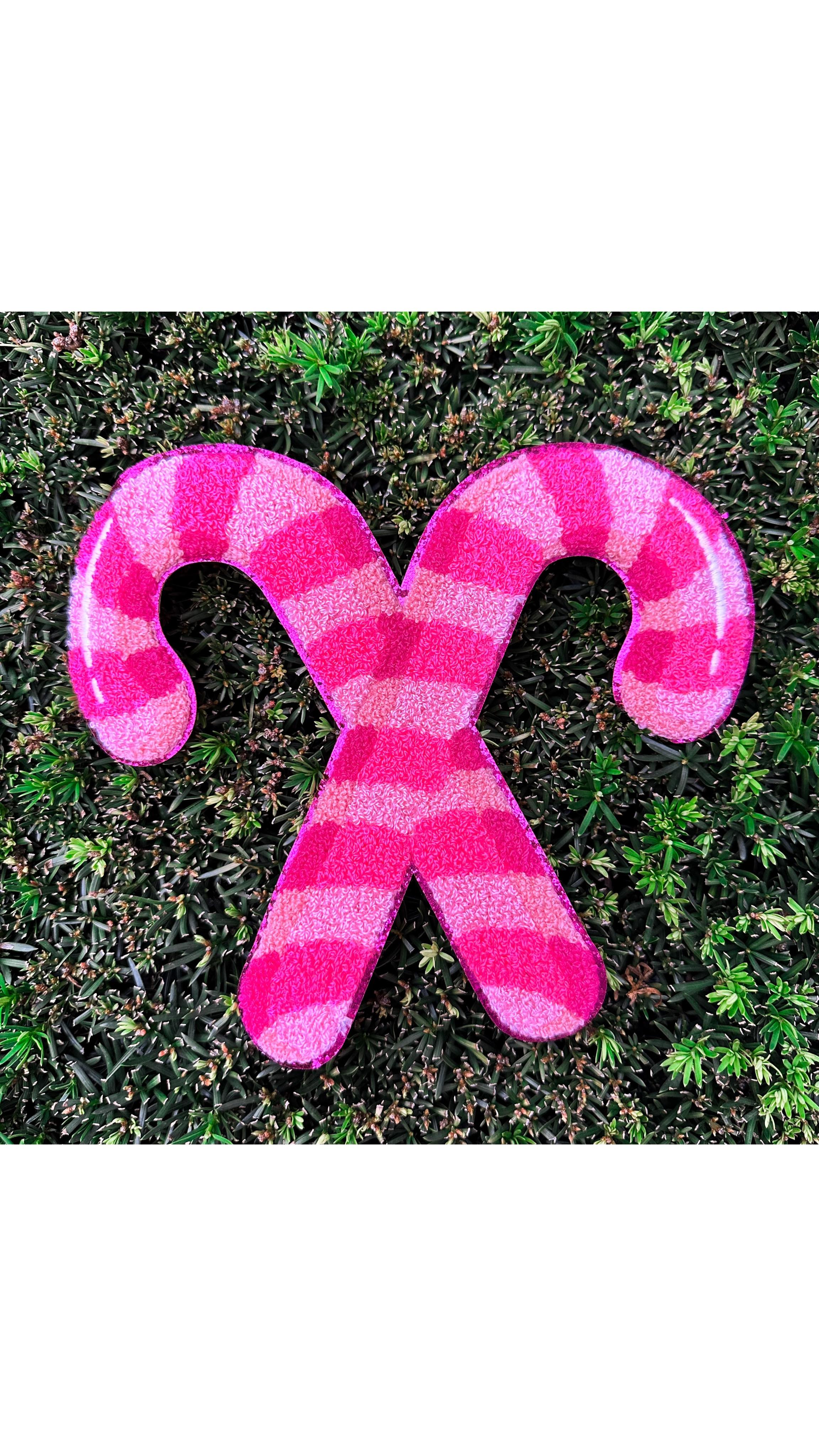 Pink Candy Cane Christmas Chenille Patch - Large