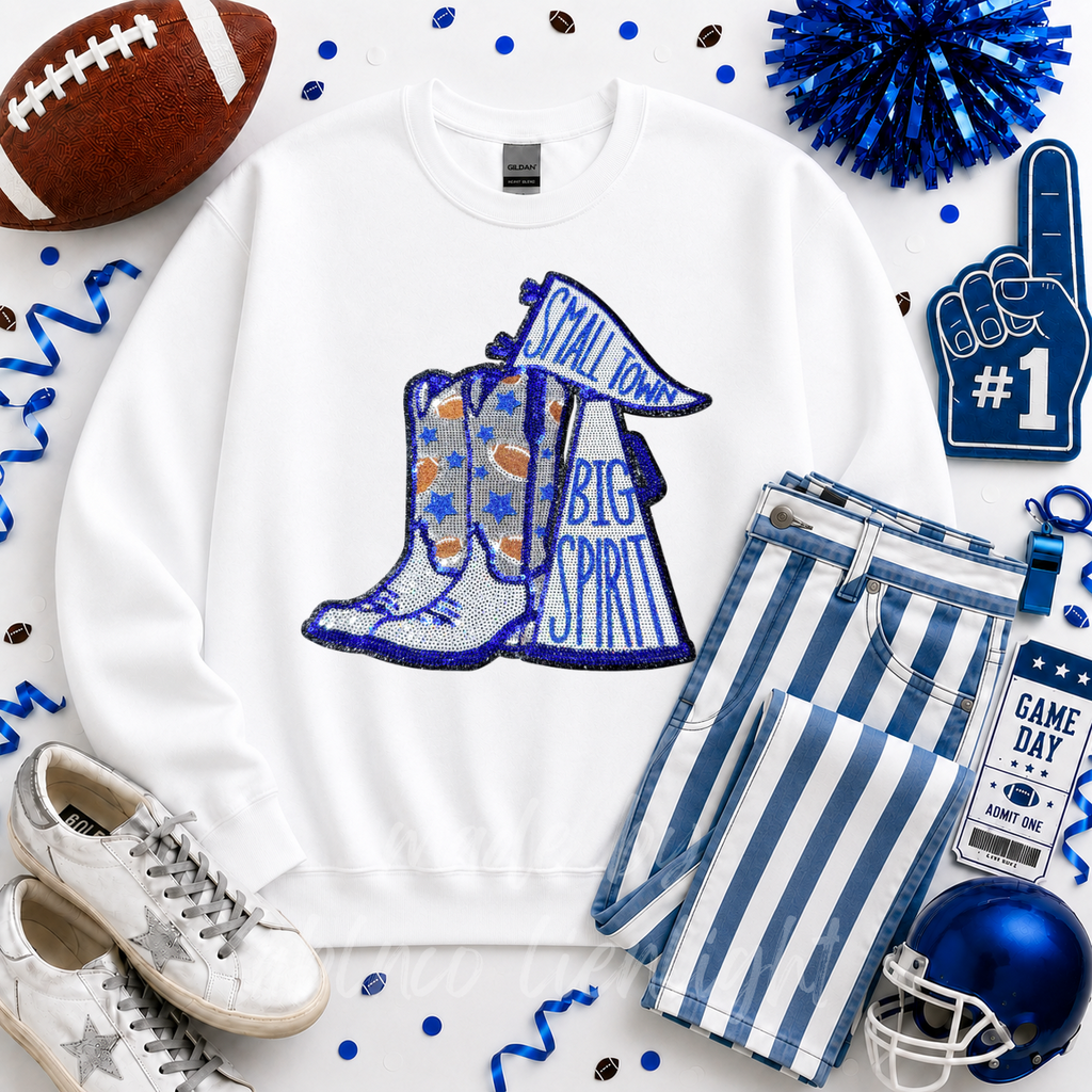 Royal Blue Small Town Big Spirit Football Sequin Patch - Large