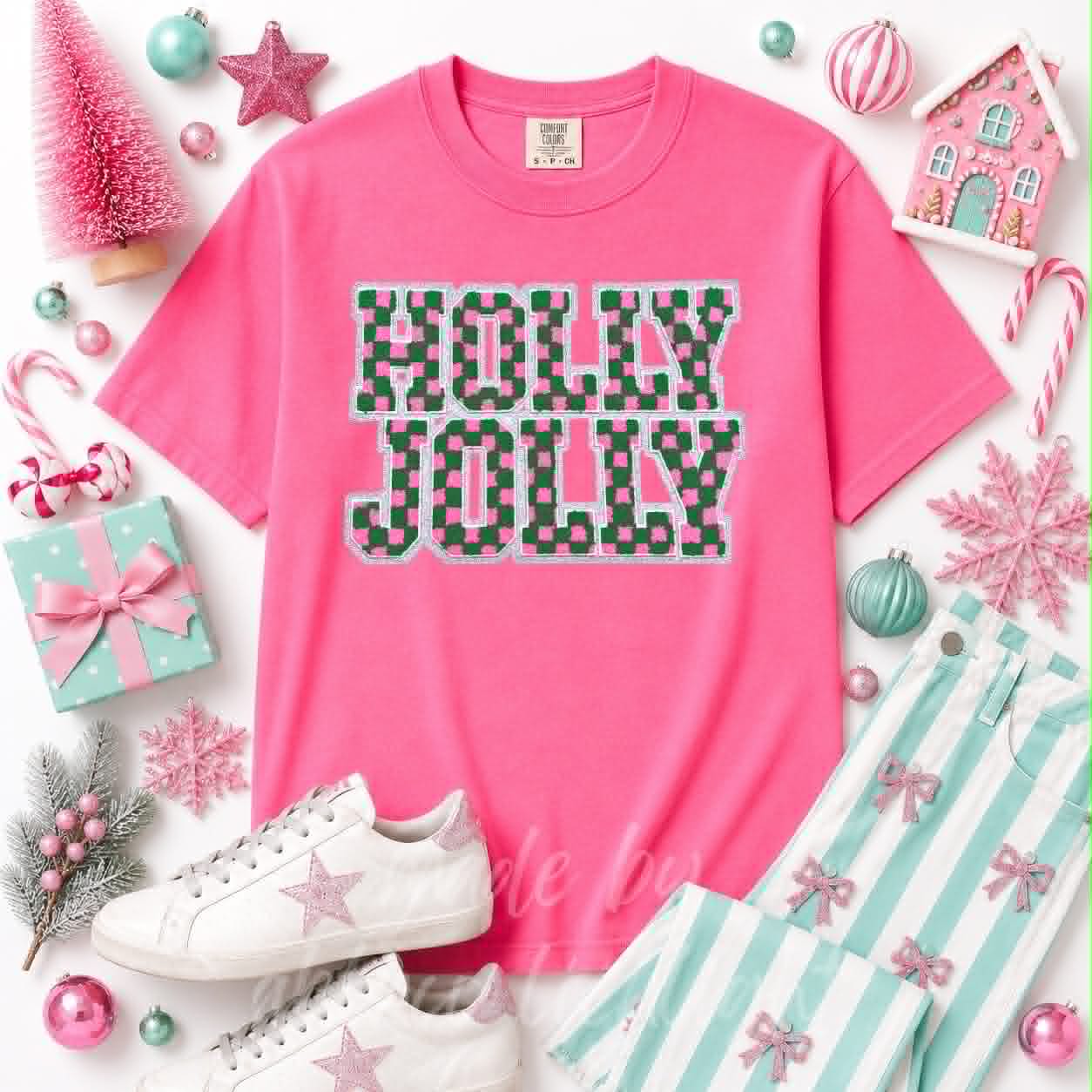Checkered Holly Jolly Christmas Sequin Patch Tshirt
