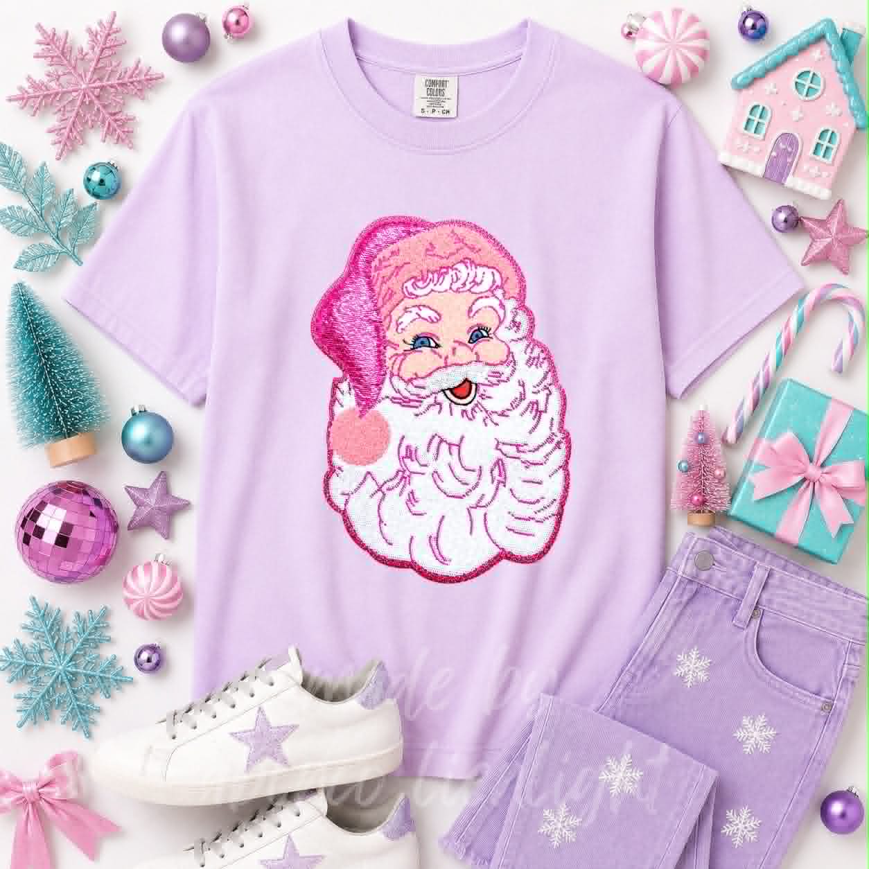 Pink Santa Christmas Sequin Patch Tshirt