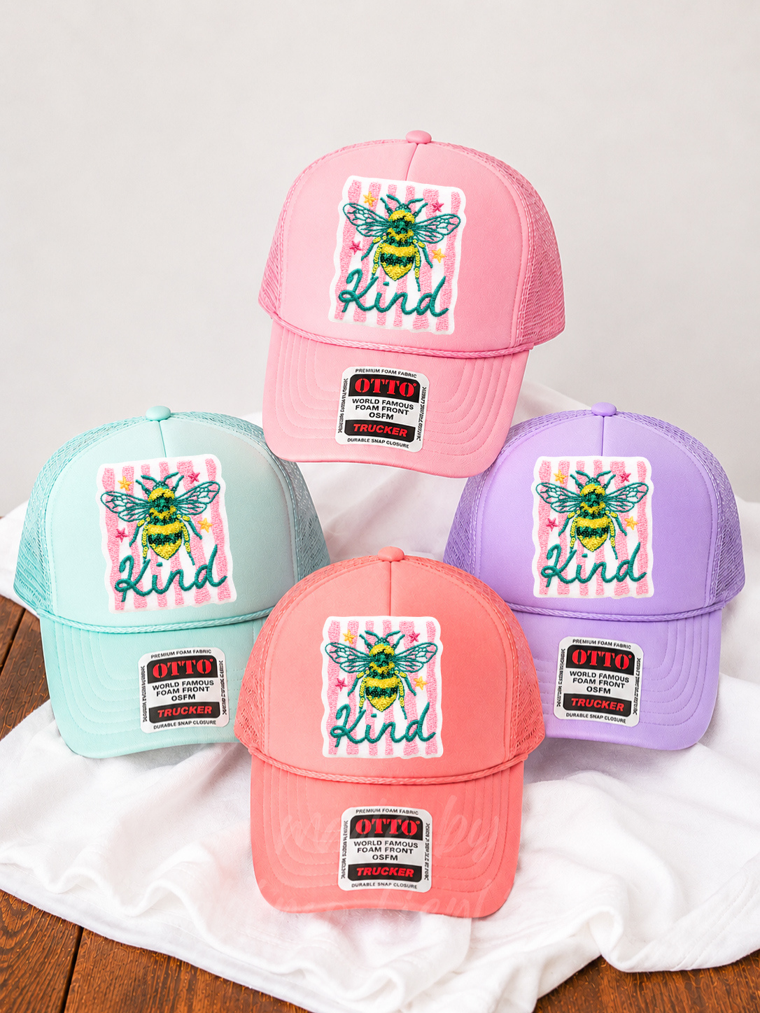 Bee Kind Summer Sequin Patch Otto Trucker Hat