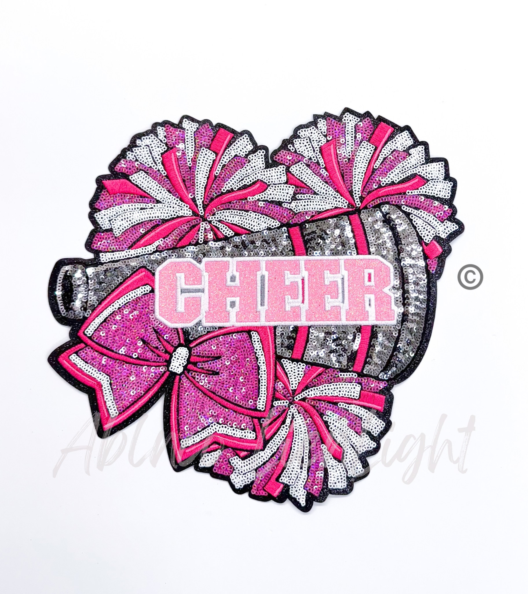 Pink Cheer Bow Megaphone Poms  Sequin Patch - Large