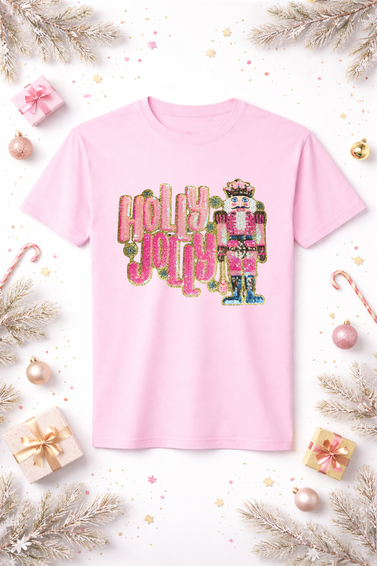 Pink Holly Jolly Nutcracker Sequins Christmas Patch Tshirt