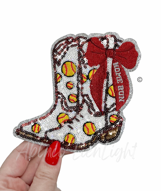 Softball Homerun Star Maroon Bow Boots Sequin Patch - Small