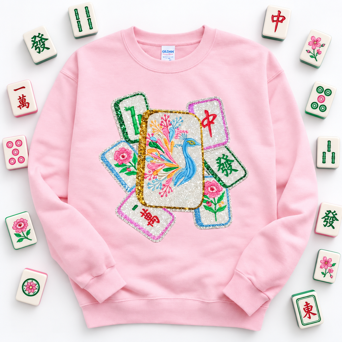 Mahjong Bird Game Tiles Sequin Patch Sweatshirt