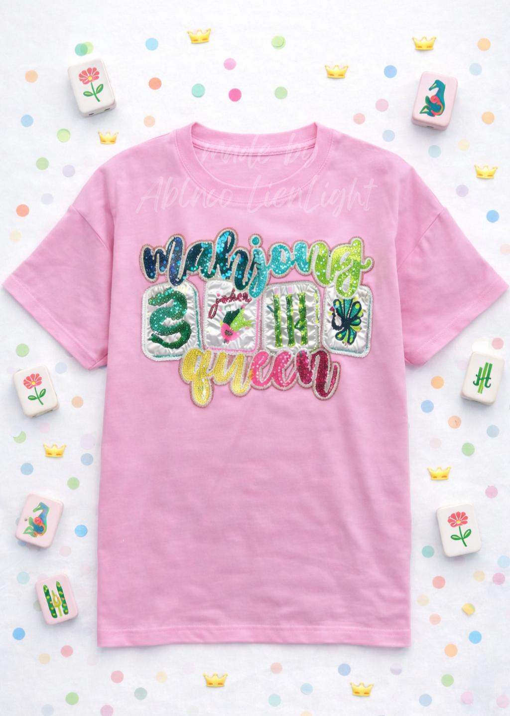 Colorful Mahjong Queen Beaded Real Sequins Pink Tshirt