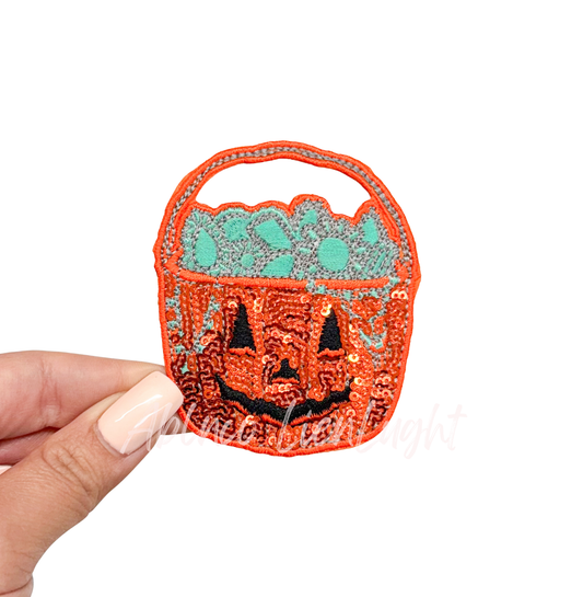 Turquoise Pumpkin Pail Halloween Sequin Patch