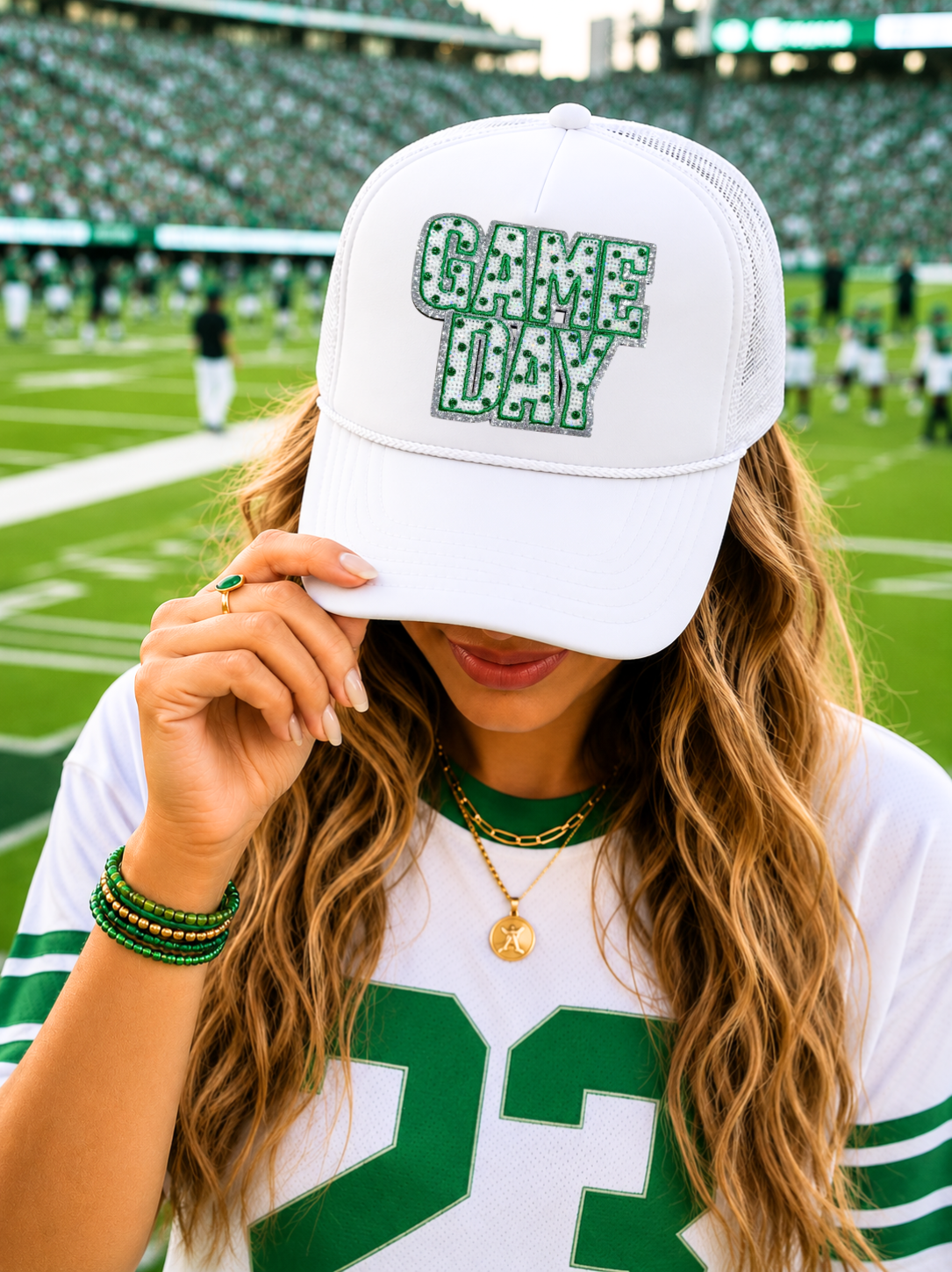 Green Polka Dots Game Day Sequin Patch Otto Trucker Hat