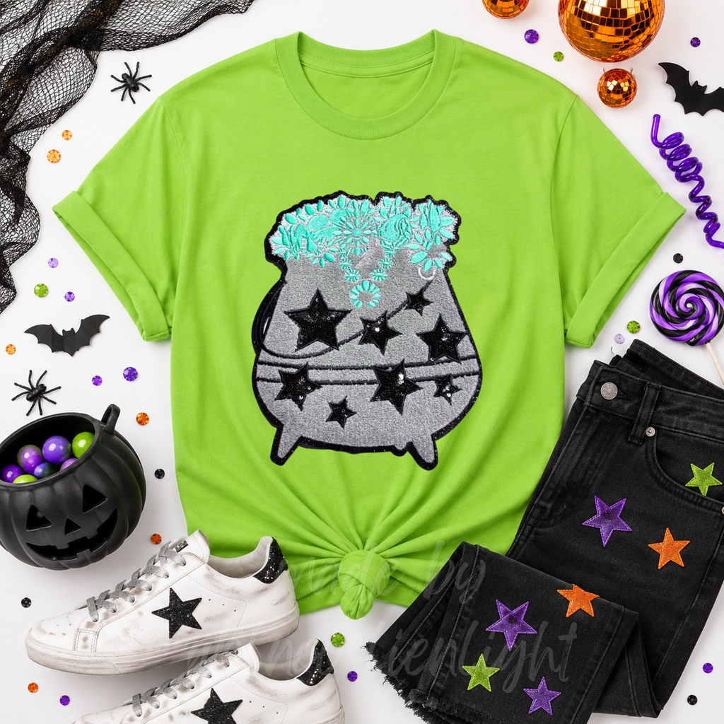 Turquoise Cauldron Halloween Sequin Patch Tshirt