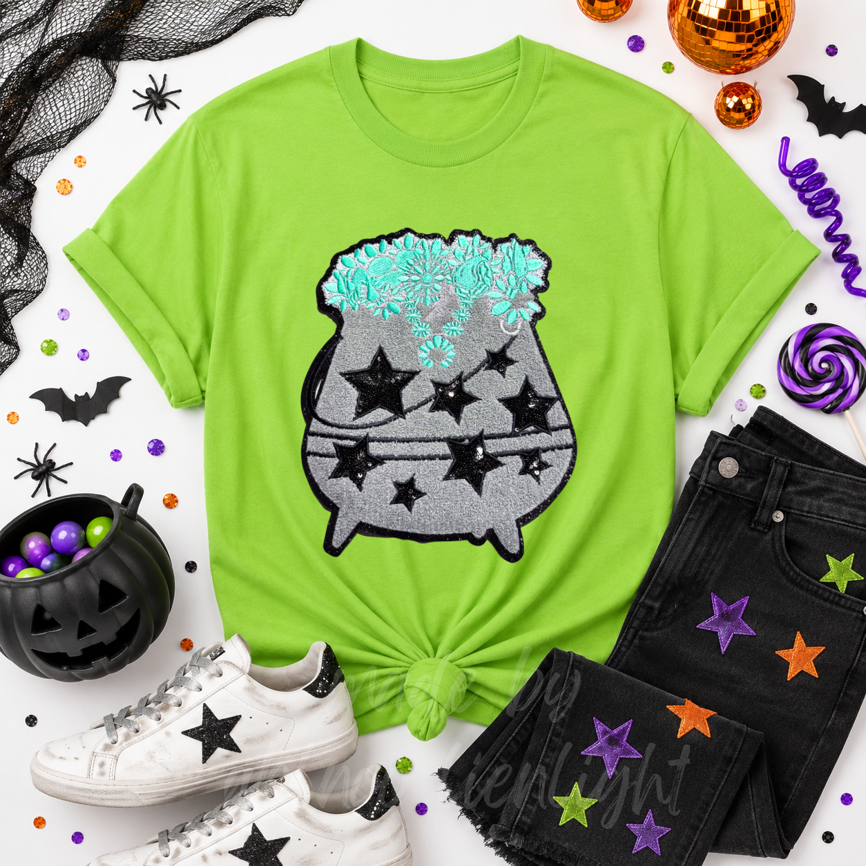 Turquoise Cauldron Halloween Sequin Patch Tshirt
