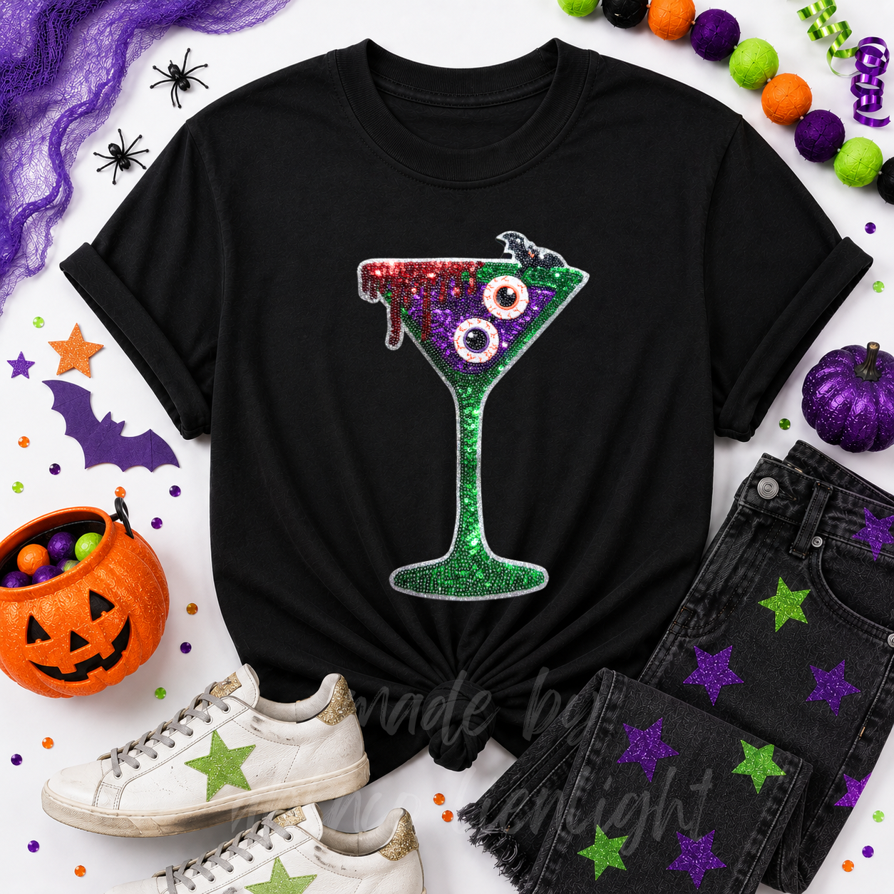 Bloody Eyeballs Martini Halloween Sequin Patch Tshirt