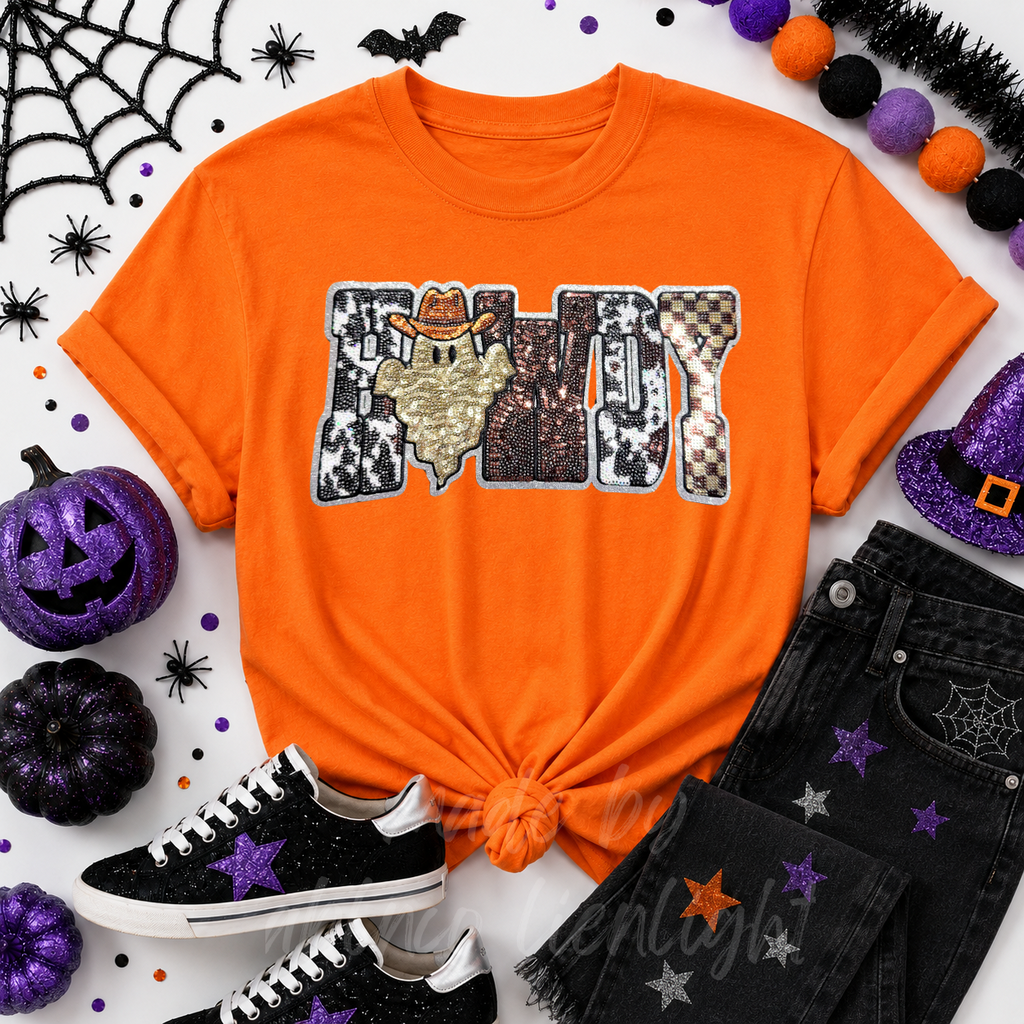 Cow Print Ghost Howdy Halloween Sequin Patch Tshirt