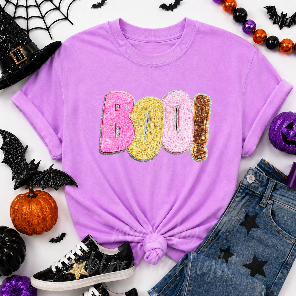 Colorful Boo Halloween Sequin Patch Tshirt