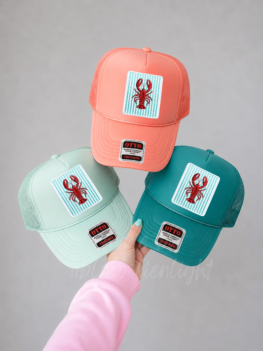 Turquoise Striped Lobster Summer Embroidery Patch Otto Trucker Hat
