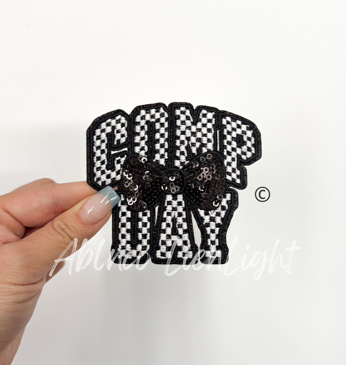 Checkered Comp Day Sequins Black Bow Embroidery Patch ©️